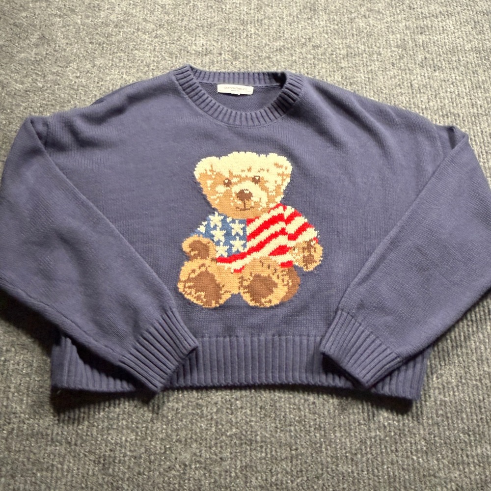 Grayson Threads Sweater Women XXL Blue American Flag Teddy Bear Knit Pullover